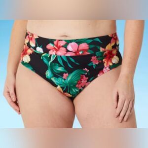 Oasis Black Tropical Pattern Swim Bikini Bottom Size 1x